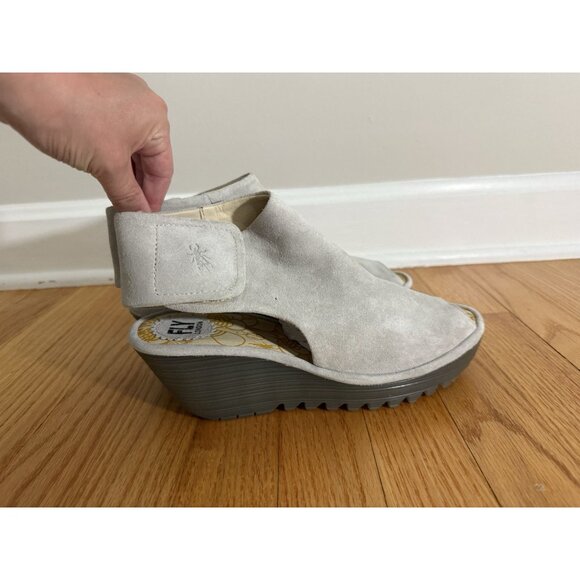 Fly London womens EU 39 US 8 8.5 Yone Peep Toe suede leather wedge heels beige - Picture 2 of 11
